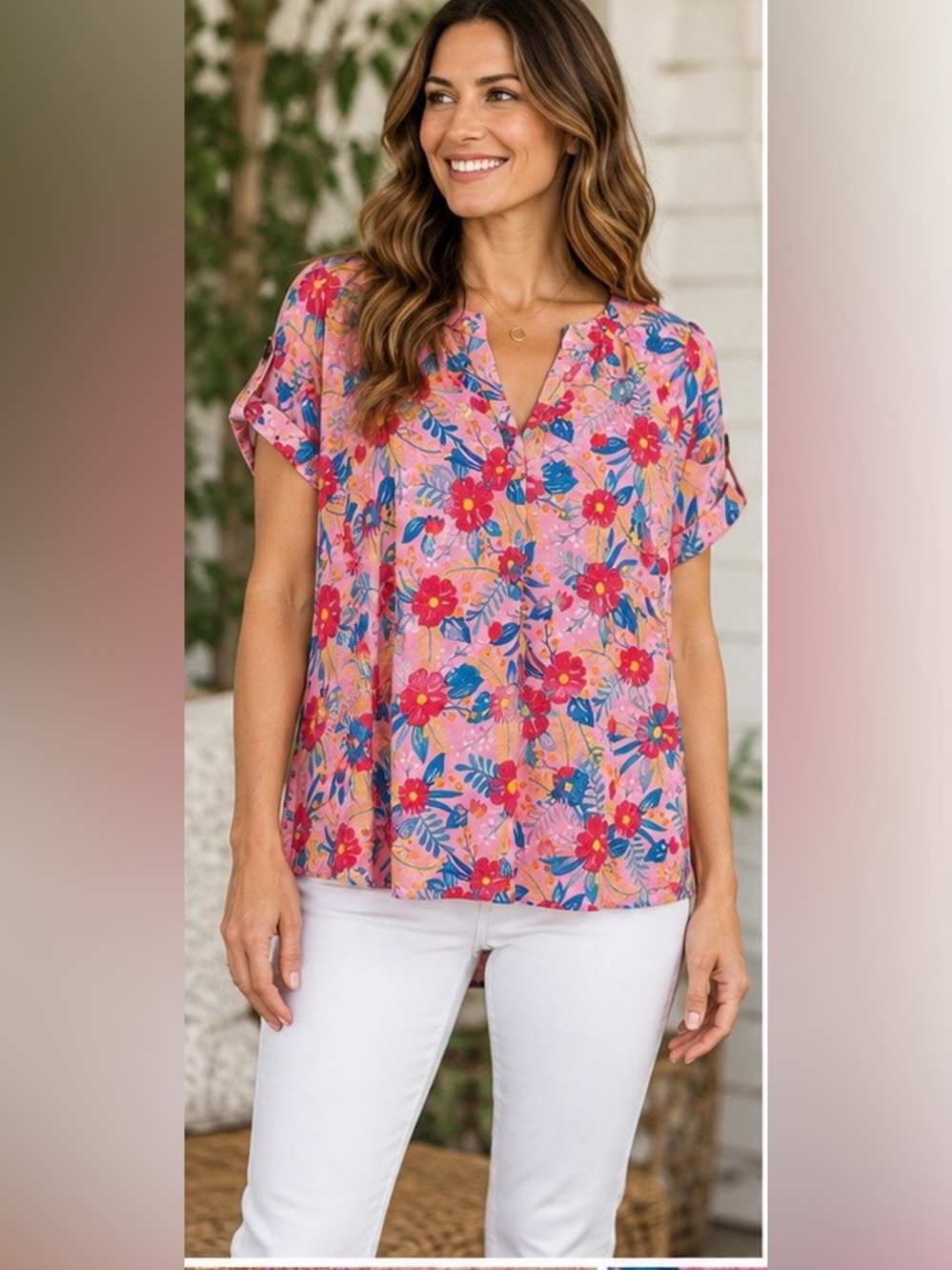 Floral Pink Notch-Neck Short Sleeve Blouse NWT